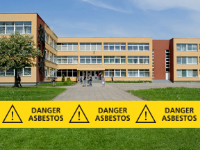 School closed down with caution tape reading 'Danger Asbestos'